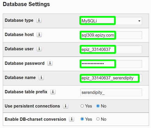 serendipity installation database settings