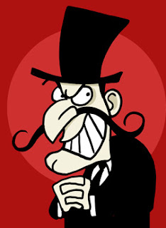 Cartoon villain with smirk and long curly moustache