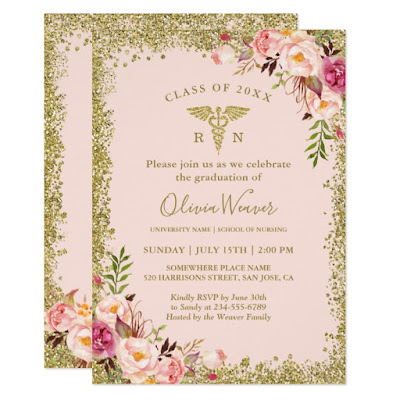  Blush Pink Gold Glitters Nursing School Graduation Invitation