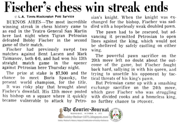 Fischer's Chess Win Streak Ends