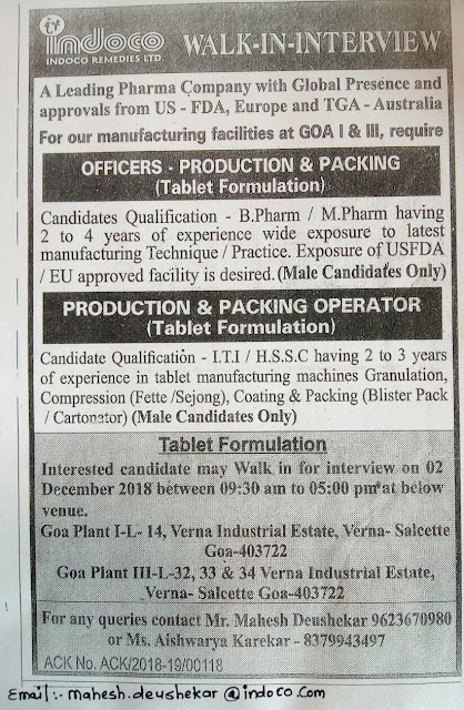 Indoco remedies Ltd Walk In Interview on 