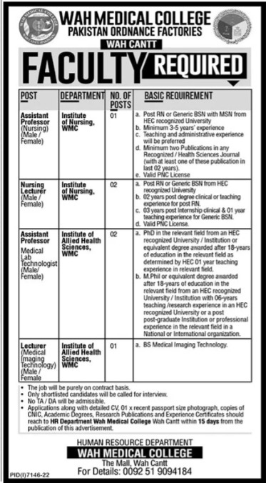 Wah Medical College Wah Cantt Jobs in 2023