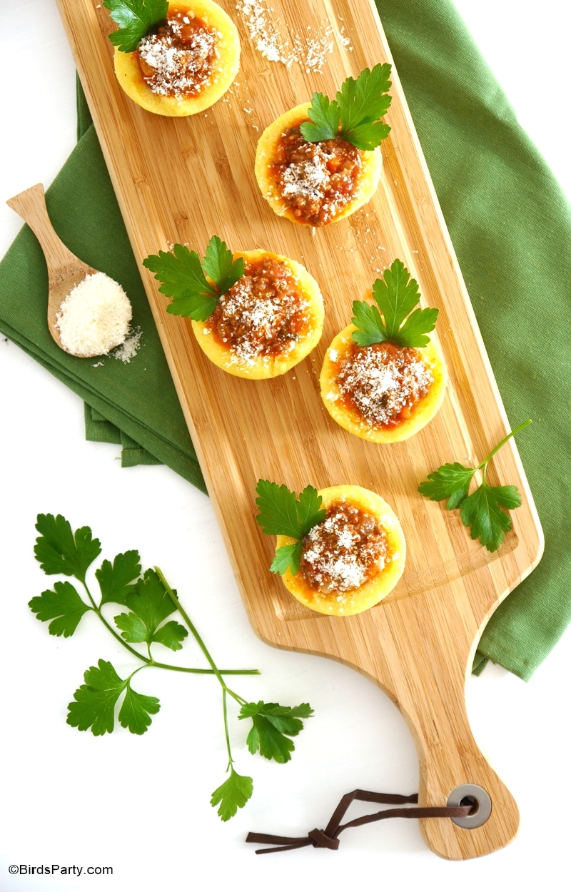 Party Food | Gourmet Polenta Bologenese Cups Appetizer Recipe - BirdsParty.com