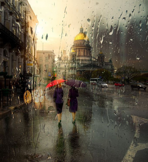 acrylic paintings of rainy cityscapes