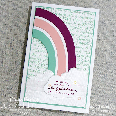 Handmade rainbow card using Stampin Up Rainbow of Happiness stamp set and bundle, Basic Borders dies, cloud punch, Happiness Abounds stamp set & bundle. Card by Di Barnes - Independent Demonstrator in Sydney Australia - #stampinupcards #colourmehappy #diecutting