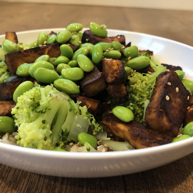 From the broccoli, to the tofu and edamame . . . even the rice, this flavorful stir-fry is filling and packed with protein! The tofu is crunchy, and just a bit soft on the inside, probably my favorite tofu I have made yet. 