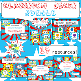 This comic book theme classroom decor is fun for all ages without being too cutesy. | Apples to Applique