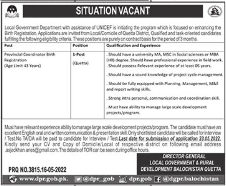 Latest Local Government Department Management Posts Quetta 2022