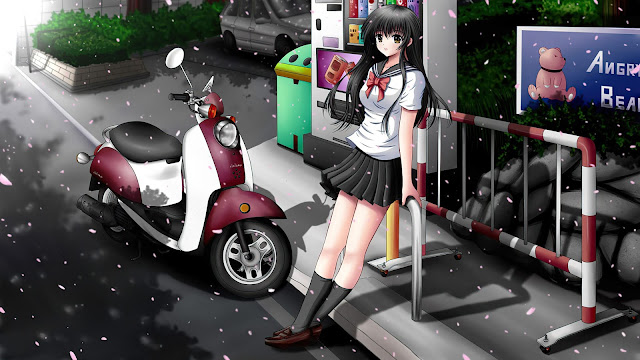 Wallpaper Anime School Girl Scooter