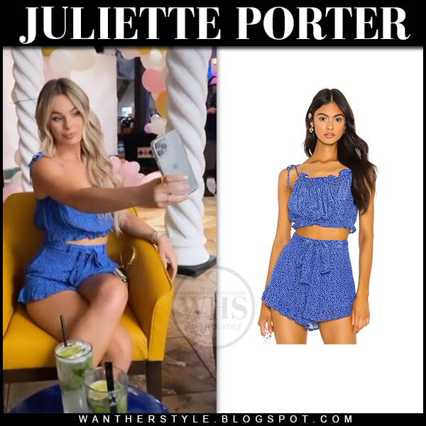 Juliette Porter in blue crop top and blue shorts