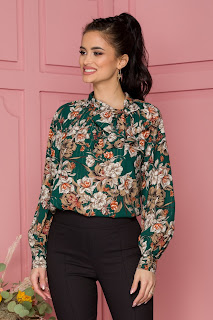 Bluza Leonard Collection verde cu imprimeu floral si insertii aurii