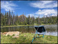 My Favorite chair and pole at Crystal Lake with Haystack Mountain in the background.