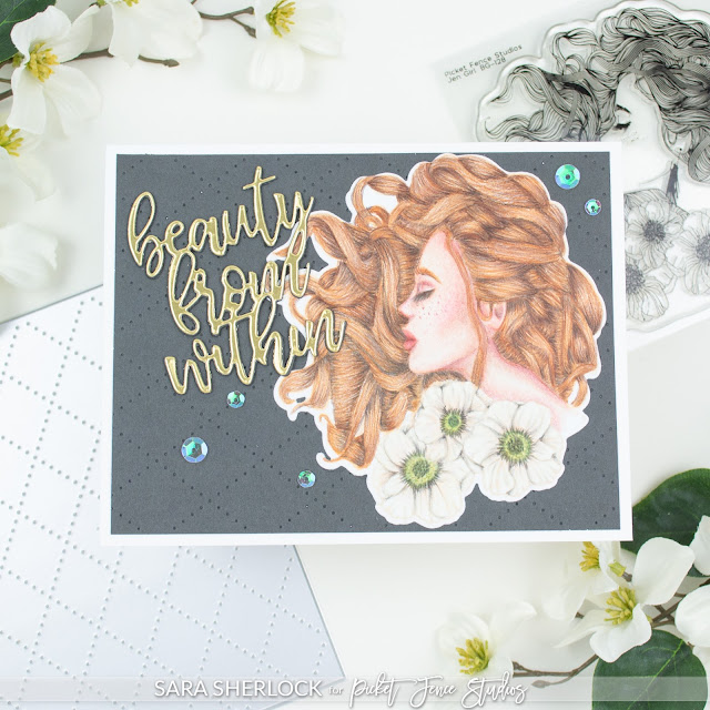 Colored Pencil coloring over a simple pierced background, featuring the Jen Girl Stamp Image from Picket Fence Studios