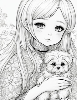 girl with a puppy coloring page