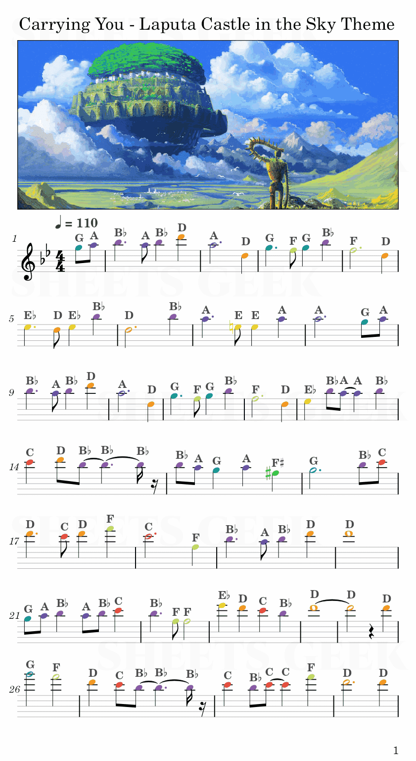 Carrying You - Laputa Castle in the Sky Theme Easy Sheet Music Free for piano, keyboard, flute, violin, sax, cello page 1