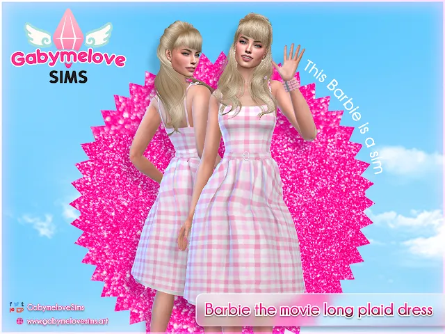 Sims 4 CC | Clothing: Barbie the movie pink long plaid dress | Gabymelove Sims | Mod, mods, Custom Content, Contenido Personalizado, Ropa, Cloth, Clothes, Doll, película, rosa, rosado, largo, plisado, vestido, tartan, cuadros, perla, perlas, pearl, cinturón, Margot Robbie, 2023,