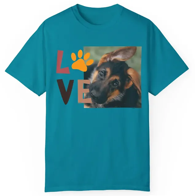 Garment Dyed T-Shirt for Men and Women With Black and Red German Shepherd Puppy with Floppy Ears and Text Love