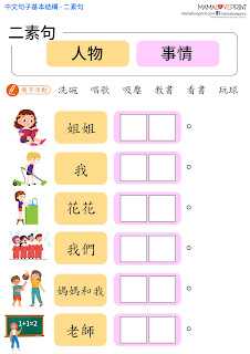 Mama Love Print 自製工作紙 - 中文句子基本結構 - 二素句練習  中文幼稚園工作紙  Kindergarten Chinese Worksheet Free Download