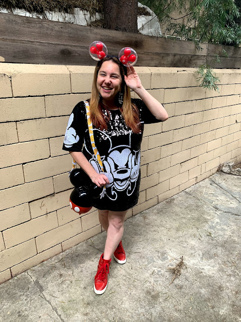 Disney, Disney fashion, #DisneyStyle, #MinnieStyle, Minnie ears, #EarsOutsidetheParks, fashion challenge, Disney fashion challenge, Akira sequin Mickey dress, JustFab red wedge sneakers, Mickey balloon ears