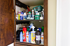 Two very messy cabinet shelves
