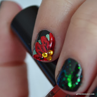 christmas nail art, nail art, poinsettia nail art, poinsetta nail art, finger paints flecked, sally hansen black heart, barielle dinner at 8, barielle big apple red