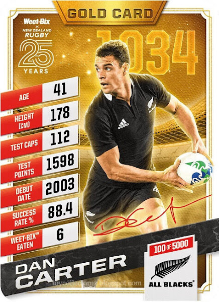 Weet-Bix Cards 2023 All Blacks Stat Attack Rugby - Rare Dan Carter Gold Card Facsimile showing front of example card only 5000 printed