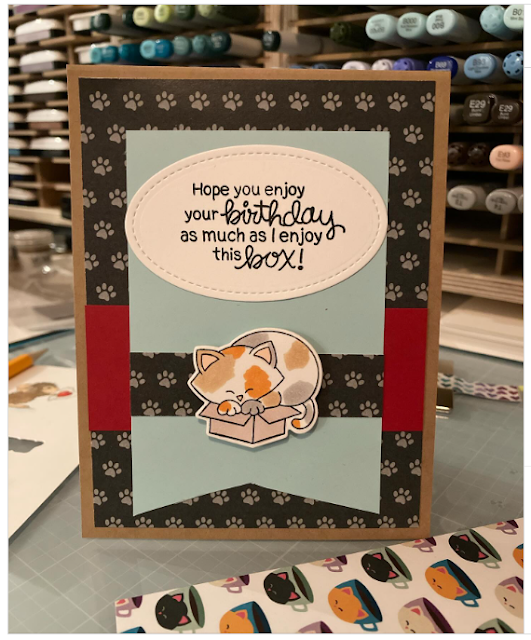 Kathy's card features Newton Loves Boxes and Coffee House Stories by Newton's Nook Designs; #inkypaws, #cardmaking, #cardchallenge, #newtonsnook, #catcards