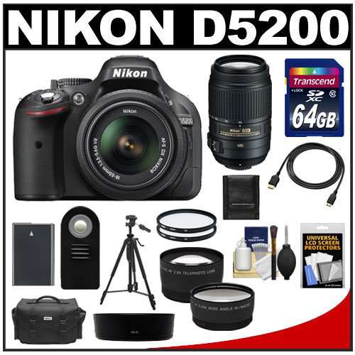 Nikon D5200 Digital SLR Camera & 18-55mm G VR DX AF-S Zoom Lens (Black) with 55-300mm VR Lens + 64GB Card + Battery + Case + Tripod + Tele/Wide Lenses + Remote + Accessory Kit