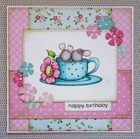 Floral card with mice in a teacup (image from Stamping Bella)