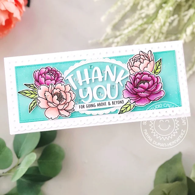 Sunny Studio Stamps: Chloe Alphabet Frame Dies Pink Peonies Thank You Card by Mayra Duran-Hernandez