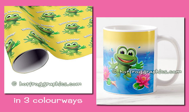 Birthday giftwrap and ceramic mug from Leaping Frog range by Hot Frog Graphics