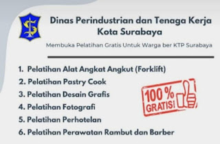 Pemerintah kota Surabaya Membuka Job Training Bersertifikat Nasional Tidak Dipungut Biaya, Daftar segera!