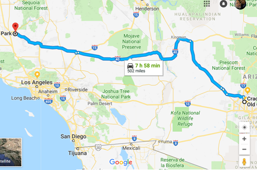 Route from Phoenix to Bakersfield