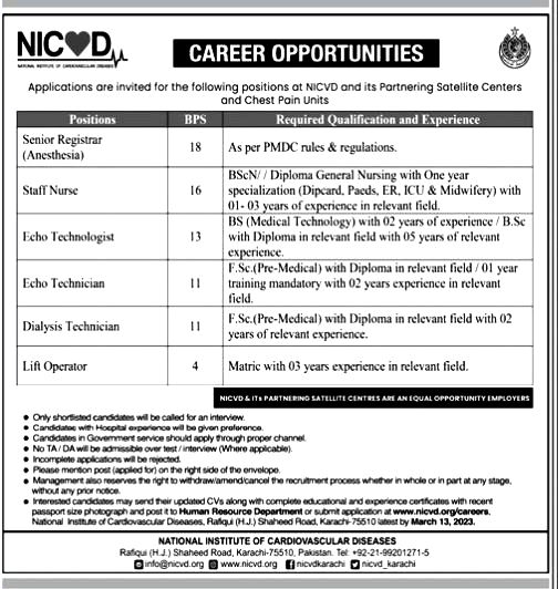 NICVD Jobs in Karachi – National Institute of Cardiovascular Diseases Jobs 2023