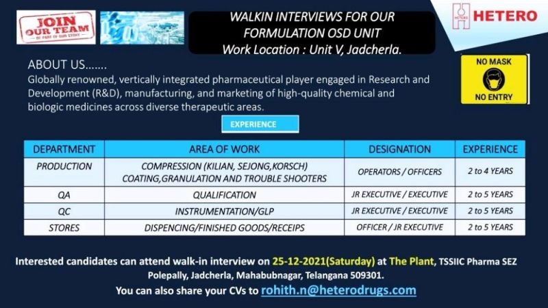 Job Availables,Hetero Walk-In-Interview For Production/ QA/ QC/ Stores