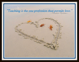 photo of: beach sand and "Teaching is the one profession that permits love." Quote on education