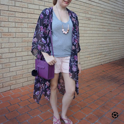 awayfromblue instagram | Target Karolina summer kimono in purple black floral grey tee blush pink pastel shorts purple mini mab bag