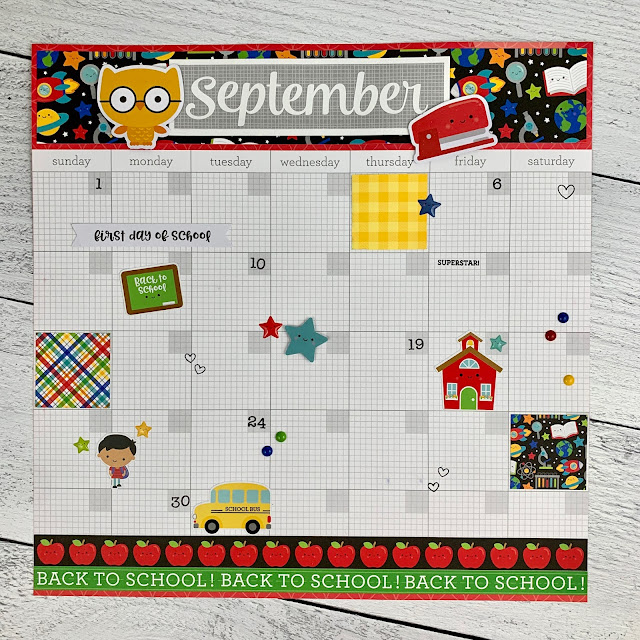 School Calendar Scrapbook Page Layout with stickers of an owl, school bus, & school supplies