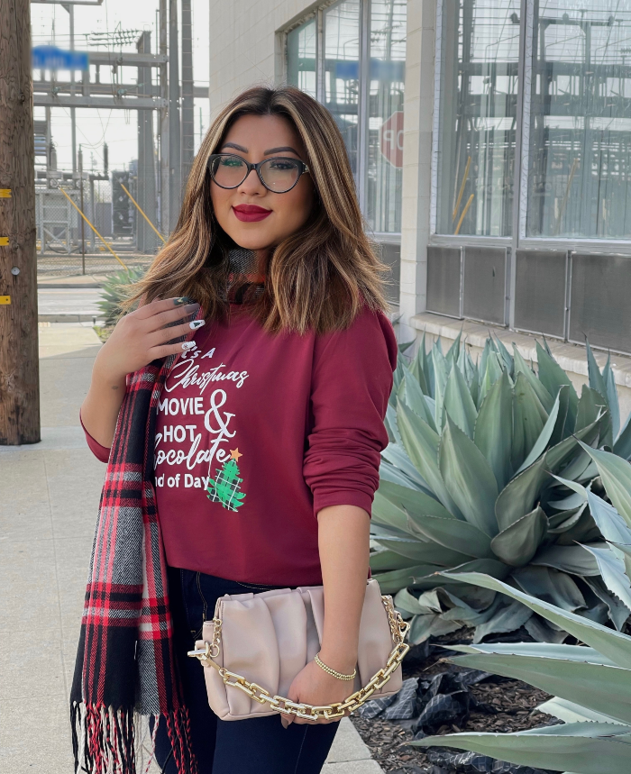 woman wearing xmas sweater from amazon