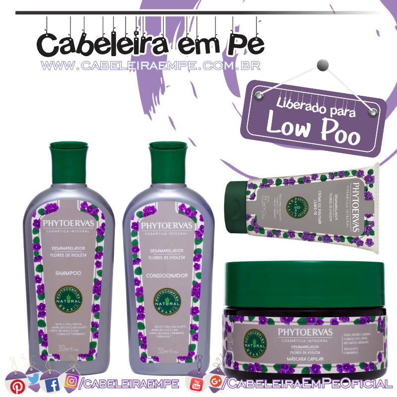 Shampoo, Condicionador Máscara e Creme para Pentear Desamarelador Flores de Violeta - Phytoervas (Low Poo)