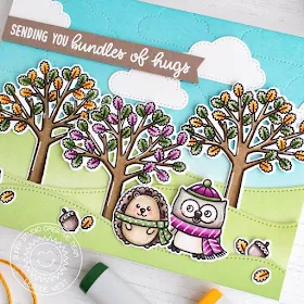 Sunny Studio Stamps: Woodsy Autumn Fluffy Clouds Dies Woodland Border Dies Bundle Of Hugs Card by Leanne West