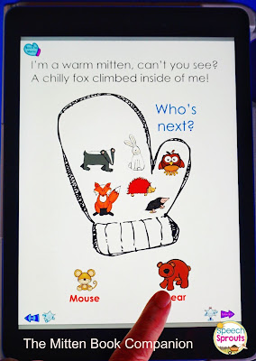 Learn how to use No-Print Activities in speech therapy on your I-Pad or computer like this The Mitten Book Companion for winter. Portable and no-prep materials that make organization easy. Terrific with toddlers, preschool and autism students. #speechsprouts #speechtherapy #noprint #winter www.speechsproutstherapy.com