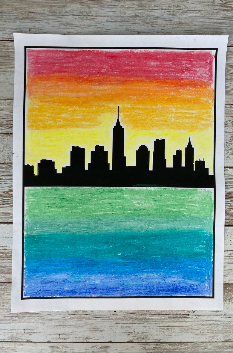 Warm and cool color art project for kids. Fun city skyline art idea!
