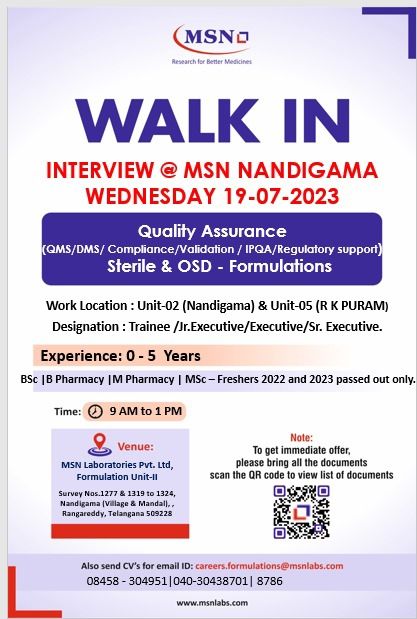 MSN Laboratories Walk In Interview For Fresher and Experienced BSc/ MSc Microbiology/ BSc/ B Pharmacy/ M Pharmacy/ MSc - QA/ Microbiology Department