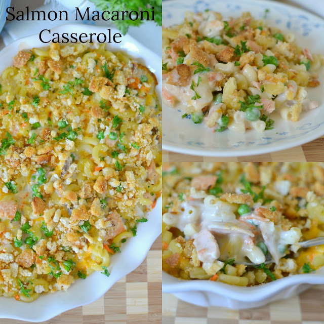 Salmon Macaroni Casserole Recipe from Hot Eats and Cool Reads! This delicious and family friendly comfort food casserole can be on the table in an hour! Use canned salmon, leftover cooked salmon fillets or even give tuna a try!