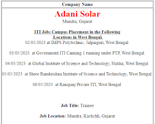 ITI Jobs Campus Placement in West Bengal for Adani Solar Mundra, Gujarat |  All ITI Trades Can Apply Online