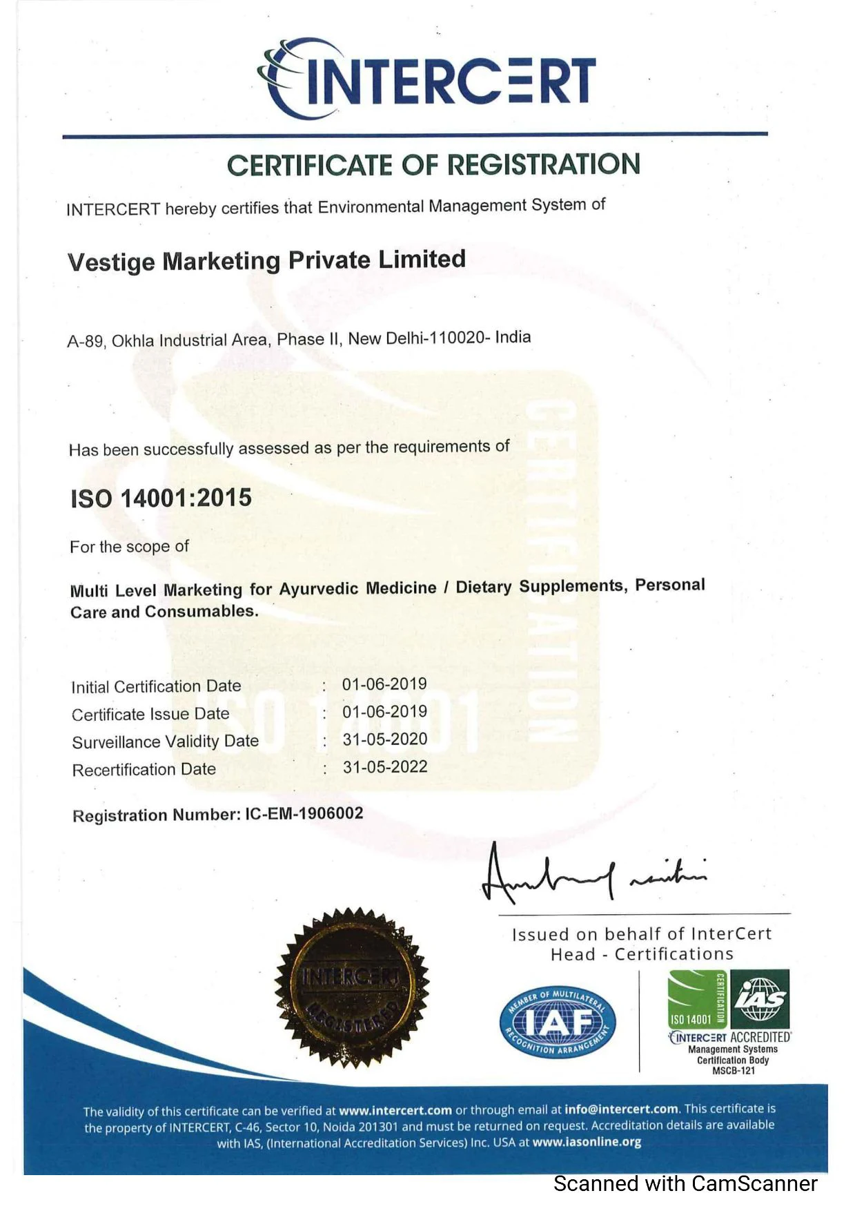 7.Vestige Food Safety Management Certificates ISO 14001:2015