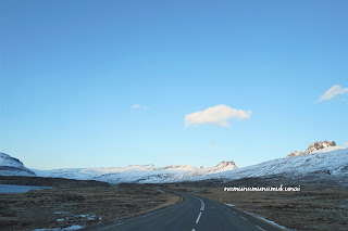 東部　アイスランド　冬　雪景色　道路　ドライブ　海岸線　山　青空　絶景