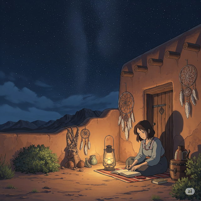 Woman sketches by lantern, stars and shadows around.