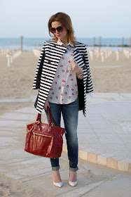 Striped coat, Prada bag, lips printed shirt, Fashion and Cookies